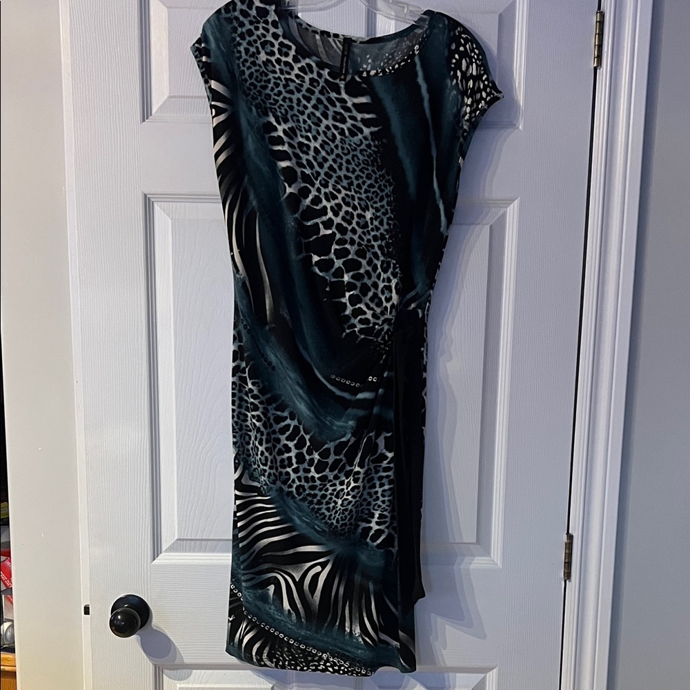 Lori m Teal and Black Animal Print Midi Dress